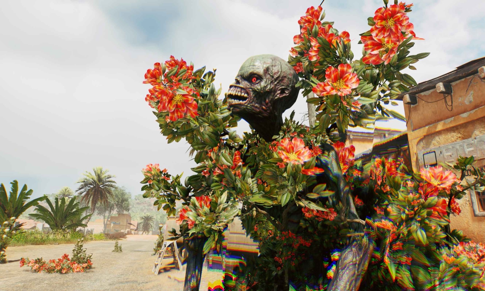 A Flowerman has a human face and torso surrounded by branches, dense leaves, and orange-red flower clusters.
