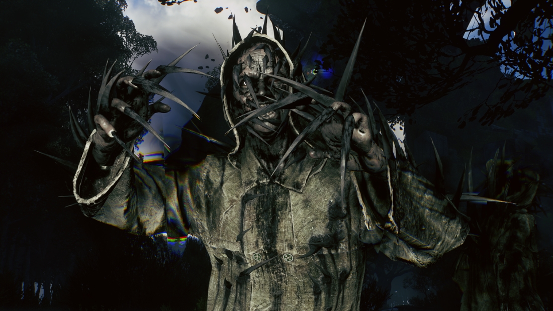 The Distorted Hunter has a hooded human outline, a covered face, and long black spikes extending from its hands and upper body.